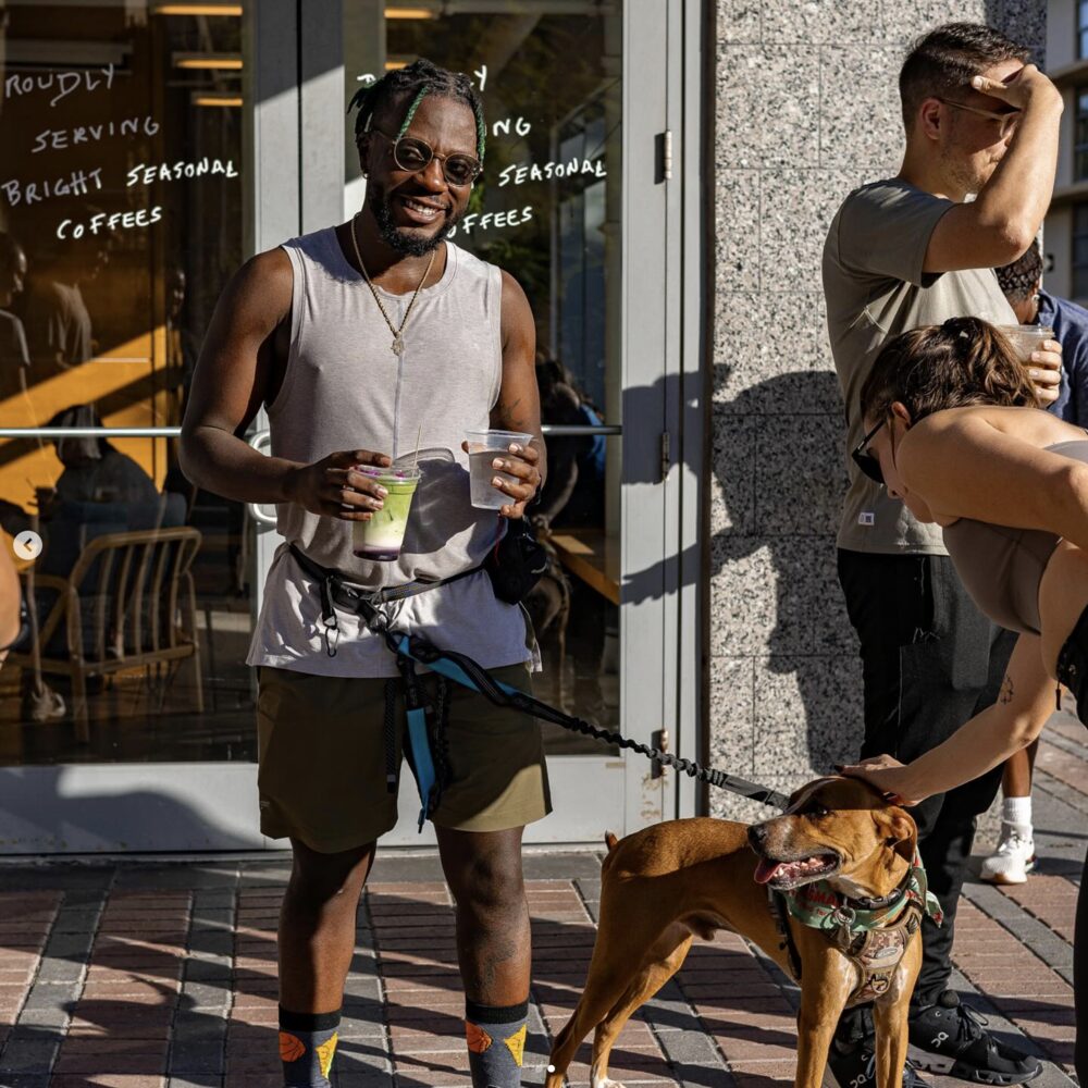 Philippe getting coffee with his dog